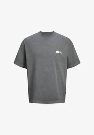 T-shirt in cotone grigio con colletto a girocollo, maniche corte e vestibilità rilassata. Presenta un logo in testo bianco sul petto. Tessuto liscio e design semplice.