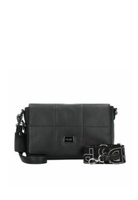 Borsa a tracolla in pelle nera con design trapuntato, hardware argentato e tracolla staccabile con motivo. Include un'etichetta con il logo sul lato.