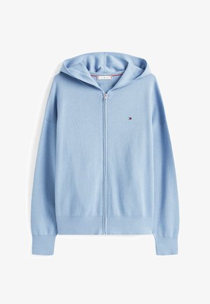Lyseblå zip-up hoodie lavet af blødt stof. Har en hætte, ribbede manchetter og et lille logo på den øverste venstre side. Enkel design.