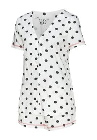 Vitt pyjamas-set med korta ärmar och svarta prickar, med V-ringning och knappstängning. Shortsen har en röd accent vid fållen.