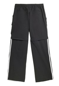 Black wide-leg pants with an elastic waistband, featuring two side pockets and white stripes down the outer seams. Smooth fabric texture.