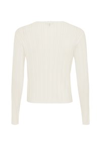 Biały, długi rękaw, prążkowany sweter o dopasowanym kroju i okrągłym dekolcie. Posiada subtelny wzór i skróconą długość. Pokazany widok z tyłu.