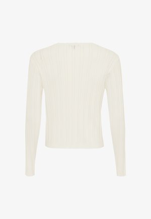 Maglione bianco a maniche lunghe in costina con un design aderente e scollatura a barchetta. Presenta una sottile texture e una lunghezza corta. Vista posteriore mostrata.