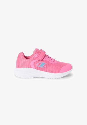 Scarpa atletica rosa con tomaia in mesh strutturato, cinturino in velcro regolabile e suola in gomma bianca con scanalature per aderenza.
