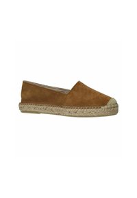Brown suede espadrille with a distinctive rounded toe, jute rope midsole, and minimalistic design for casual wear.