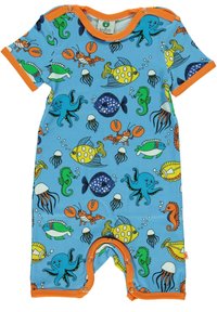 Korte mouwen blauwe romper met kleurrijke patronen van zeedieren, waaronder octopussen, vissen en krabben, met oranje afwerking en drukknoopsluitingen.