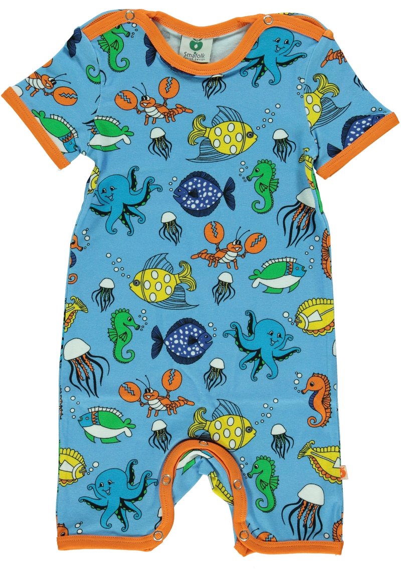 Korte mouwen blauwe romper met kleurrijke patronen van zeedieren, waaronder octopussen, vissen en krabben, met oranje afwerking en drukknoopsluitingen.