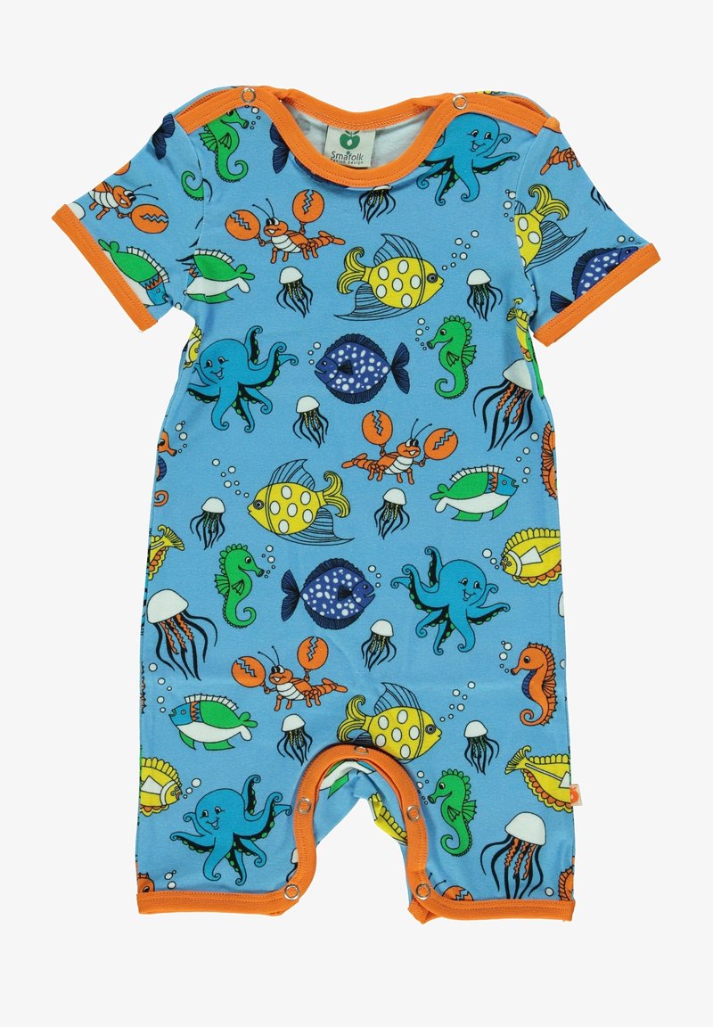 Romper blu a maniche corte con motivi colorati di vita marina, tra cui polpi, pesci e granchi, rifinito con bordi arancioni e chiusure a pressione.