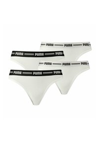 Dreierpack weiße String-Tangas aus weichem Stoff, mit einem schwarzen Puma-Logo-Bund mit horizontalen Akzenten.