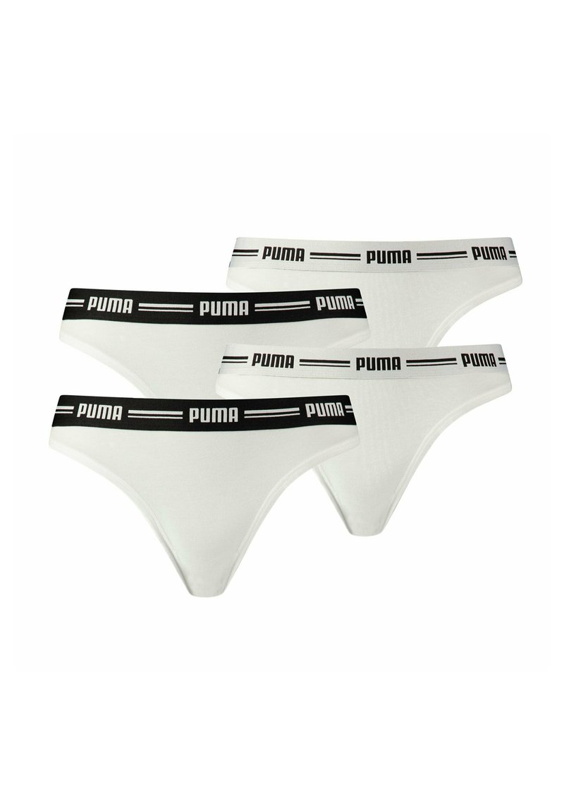 Dreierpack weiße String-Tangas aus weichem Stoff, mit einem schwarzen Puma-Logo-Bund mit horizontalen Akzenten.