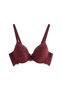 Burgundy pitskorset med formede kopper, justerbare stropper og en lille dekorativ rose detalje i midten.