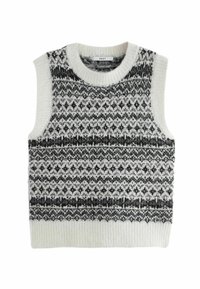 Pull sans manches en tissu blanc doux présentant un motif Fair Isle complexe en noir et gris. Encolure arrondie avec détails en bord-côte.