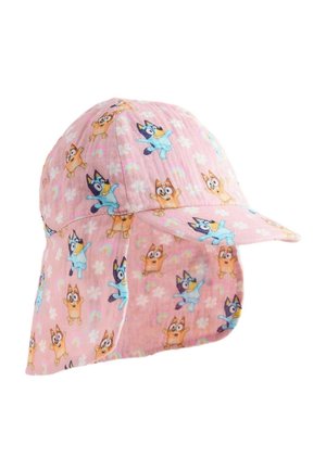 Rosa Kinderkappe mit Nackenschutz, verziert mit Cartoon-Hundemotiven, Regenbögen und weißen Blumenmuster überall.