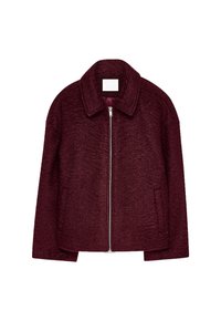 Burgundy zip-up jacket with a collared neck, textured fabric, side pockets, and ribbed detailing on the cuffs and hem.