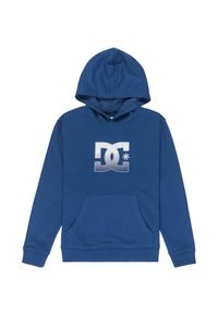 Modrá mikina s kapucňou vyrobená z mäkkej látky, s prednou vreckom typu "kangaroo" a veľkým bielym logom na hrudi.