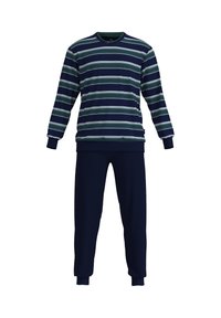 Cotton loungewear set featuring a navy blue striped long-sleeve top with green and white stripes and matching navy pants with adjustable cuffs.