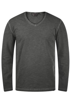 Langärmliges, V-Ausschnitt-Shirt in Dunkelgrau, aus weichem, strukturiertem Stoff. Verfügt über ein einfaches Design ohne sichtbare Muster oder Akzente.