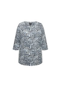 Top w panterkę w jasnoniebieskim i ciemnogranatowym kolorze, wykonany z miękkiego materiału, z dekoltem w kształcie litery V i rękawami o długości trzech ćwierć, o luźnym kroju.