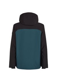 Chaqueta con capucha en color teal con sección superior negra. Presenta mangas largas, textura suave y un corte relajado. La vista trasera muestra la simplicidad del diseño.