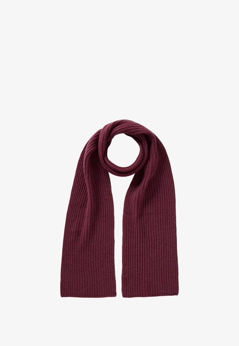 Écharpe en maille côtelée de couleur bordeaux profond, avec un design long et élancé sans matériel ou accents visibles. Texture douce et motif uniforme.