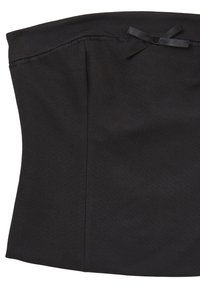 Top nero senza spalline con una texture di tessuto liscia, pieghe sottili e un dettaglio a fiocco sul collo. Design semplice e aderente.