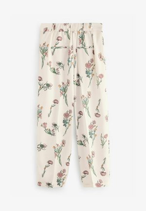 Hose mit Blumenmuster in Cremefarbe, elastischem Bund und einer Mischung aus pinken und gelben Blumen sowie grünen Stielen.