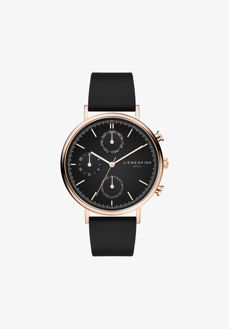 Zwarte chronograaf horloge met een ronde roségouden kast, zwart gestructureerd dial, gouden uur markers en een zwarte siliconen band. Bevat datum- en dagindicatoren.
