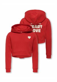 Punainen lyhyt huppari, joka on valmistettu puuvillaseoksesta. Siinä on edessä sydänkuva ja selässä suuret tekstit "HEART LOVE". Pehmeä kangas, säädettävä huppu.