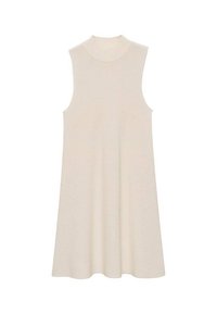 Abito senza maniche di colore crema con uno scollo alto, vestibilità rilassata e orlo svasato, realizzato in un tessuto a maglia morbido.