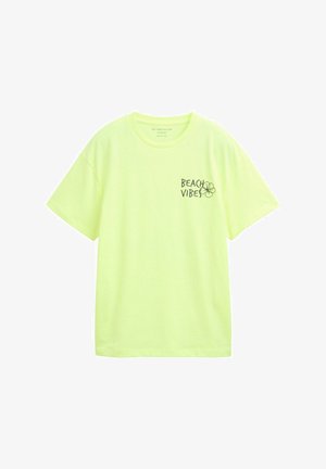 Limonkowa bawełniana koszulka z krótkim rękawem i okrągłym dekoltem, z małym nadrukiem "BEACH VIBES" i kwiatowym motywem na piersi.