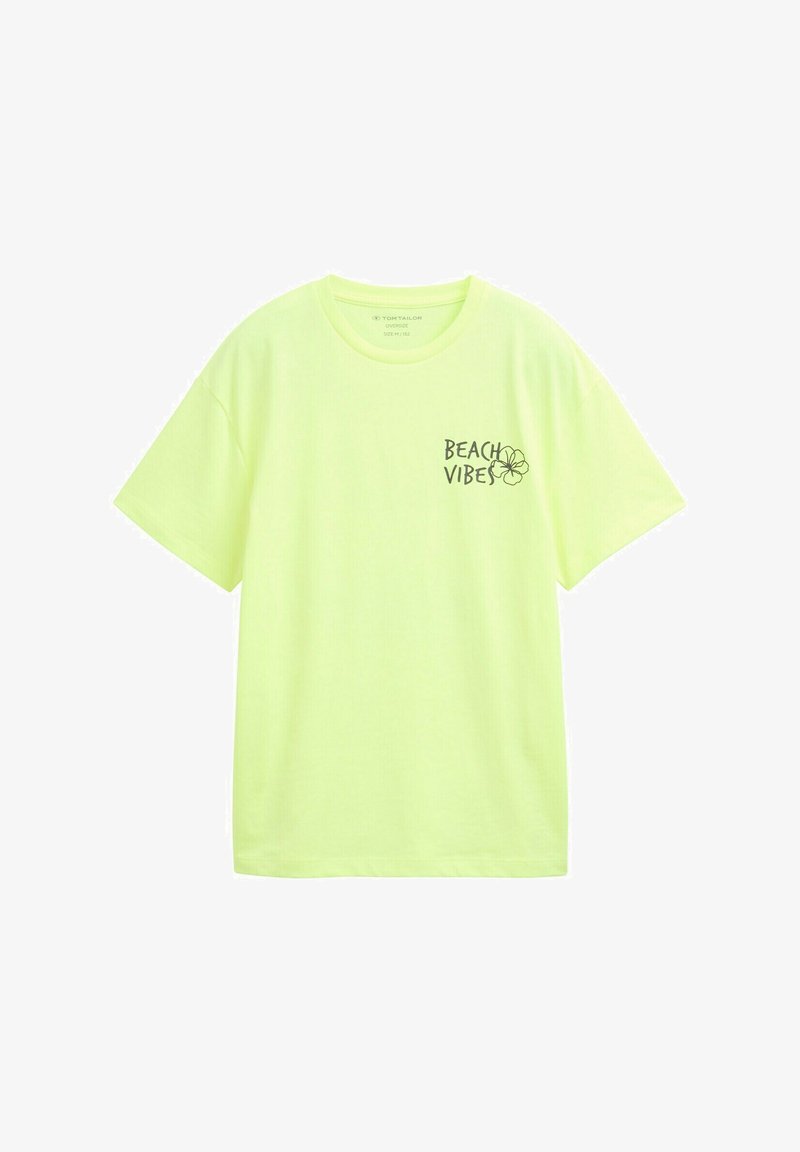 Lime vihreä puuvillanen T-paita lyhyillä hihoilla ja pyöreällä kauluksella, jossa on pieni "BEACH VIBES" -grafiikka ja kukkakuosi rintakehässä.