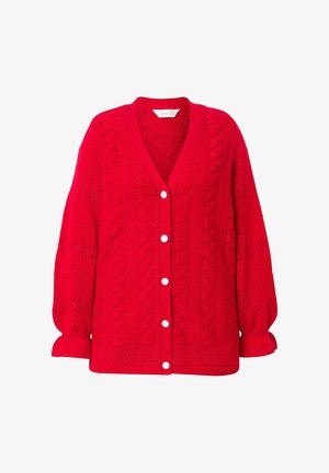 Red knitted cardigan with a v-neck, featuring cable knit patterns, long sleeves, and five white buttons down the front.