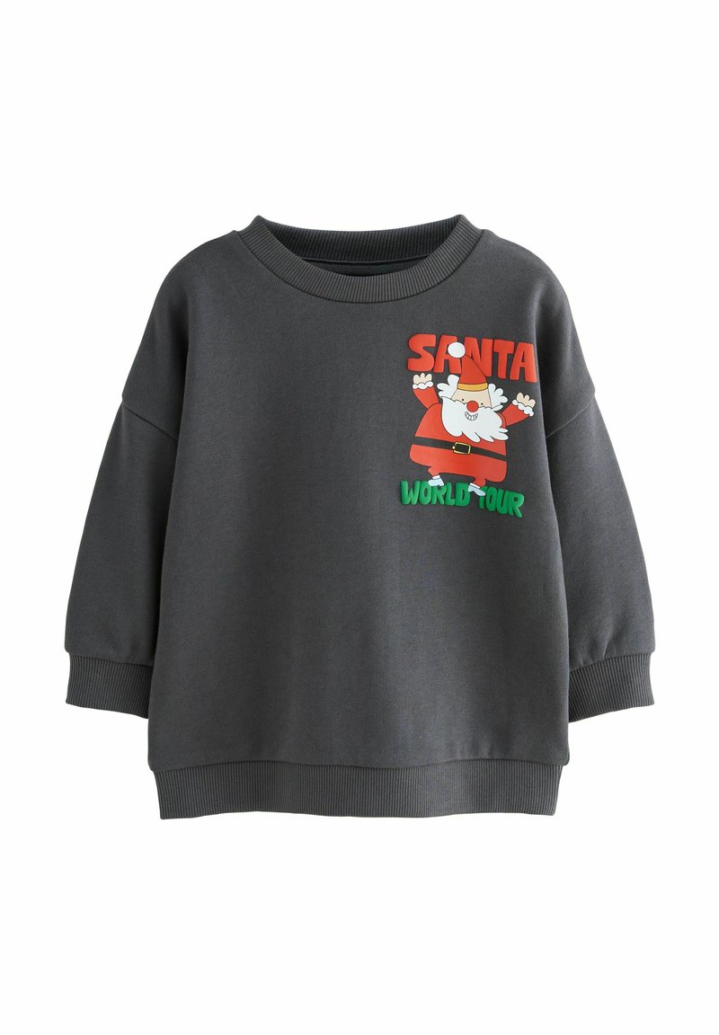 Szara bluza z okrągłym dekoltem, luźnym krojem i ribbowymi mankietami. Posiada nadrukowany wzór Świętego Mikołaja oraz tekst "SANTA WORLD TOUR" w kolorze czerwonym i zielonym.