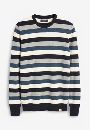 Pull en maille rayé avec des bandes horizontales bleu marine, gris et blanc. Texture côtelée, col rond et poignets ajustés aux manches.