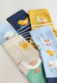 Cinq chaussettes colorées présentant des motifs d'oiseaux, de moutons, d'un soleil et d'herbe dans des couleurs pastel et vives, disposées en chevauchement.