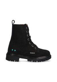 Bota de ante negra con cordones y suela rugosa, con una etiqueta en la parte trasera para tirar, pequeños puntos azul verdoso cerca del talón y etiqueta "Bunnies Jr" en el lateral.