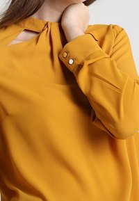 Senapsgul blus i mjukt, lätt tyg. Har en nyckelhålsringning och knäppte manschetter med metalliska detaljer.