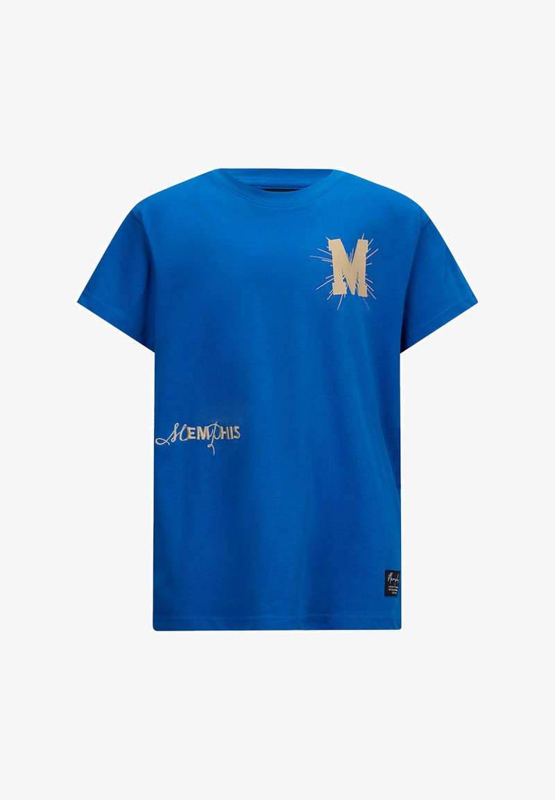 Blauwe katoenen t-shirt met een grote gouden "M" graphic met spikes en de tekst "MEMPHIS" in een cursieve lettertype nabij de zoom. Korte mouwen, comfortabele pasvorm.