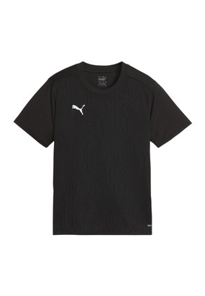 Zwarte T-shirt met korte mouwen en een gestructureerd patroon, met een wit Puma-logo op de linkerkant van de borst en een label met "DRY" aan de onderkant.