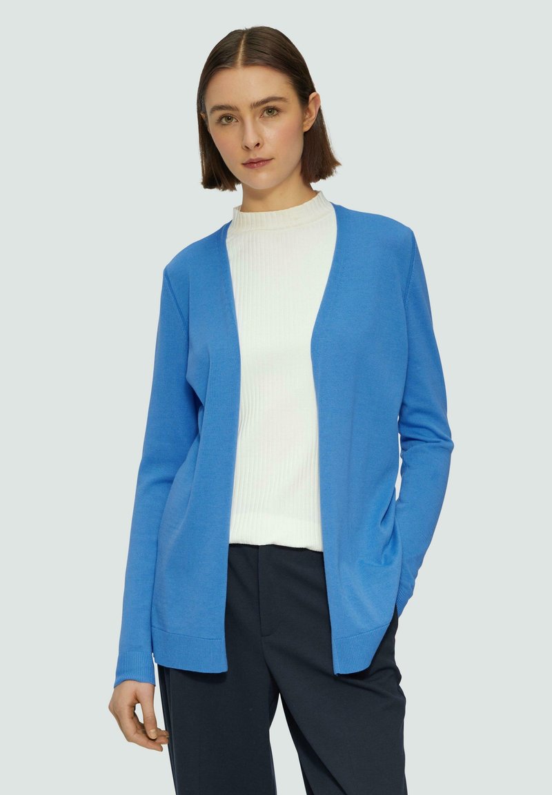Blauwe cardigan met lange mouwen, open voorkant, gebreide textuur. Gecombineerd met een witte geribde turtleneck en donkere broeken.