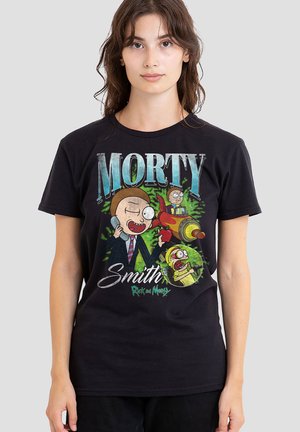 Young woman wearing black T-shirt with colorful cartoon characters and text "Morty Smith" from Rick and Morty.