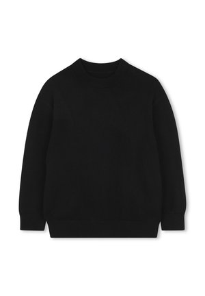 Sweatshirt noir en tricot avec un col rond, des manches longues, des poignets et un ourlet côtelés, et une texture lisse. Design simple et uni sans motifs.