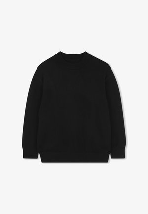 Sweatshirt preto de malha com decote redondo, mangas longas, punhos e bainha canelados, e uma textura suave. Design simples e sólido, sem padrões.