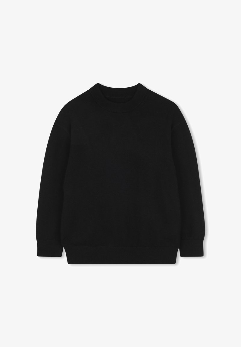 Melnā adīta sporta krekls ar apaļu kakla izgriezumu, garām piedurknēm, ribota aproce un apakšmala, kā arī gluda tekstūra. Vienkāršs, viendabīgs dizains bez rakstiem.