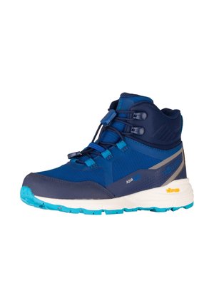 Blue and navy hiking boot with white sole, light blue tread, quick-pull laces, and ankle support, designed for outdoor activities.