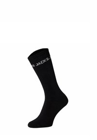 Schwarze Baumwollcrew-Socke mit geripptem Textur und weißer "JACK"-Schriftart am oberen Rand. Verfügt über eine traditionelle Sockenform.
