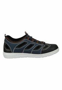 Chaussure de sport lacée avec un dessus bleu marine, des accents noirs et une semelle blanche. Elle dispose de découpes pour la ventilation et de détails de couture contrastants.