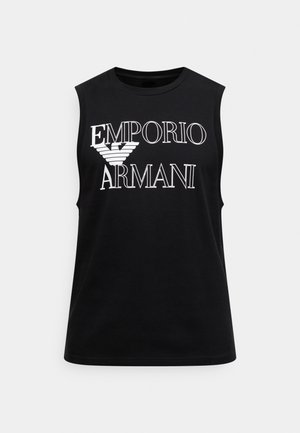 Čierne bavlnené tričko bez rukávov s logom "EMPORIO ARMANI" v bielej farbe, s okrúhlym výstrihom a hladkou, nenáročnou textúrou.