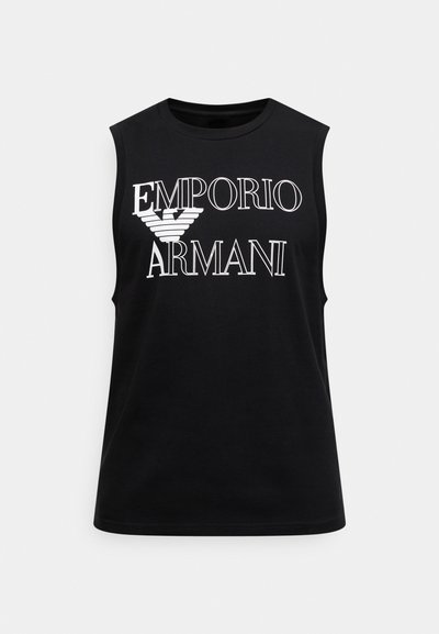 Čierne bavlnené tričko bez rukávov s logom "EMPORIO ARMANI" v bielej farbe, s okrúhlym výstrihom a hladkou, nenáročnou textúrou.
