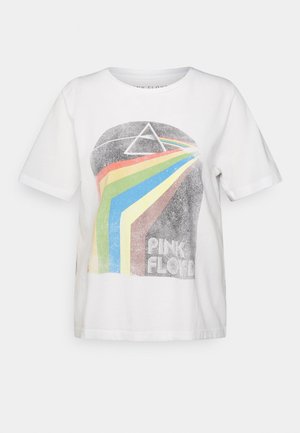 Hvid bomuldst-shirt med vintageinspireret grafisk tryk med et prism og regnbuefarver samt teksten "PINK FLOYD" nederst.